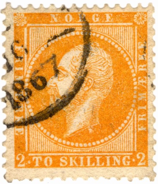 Norway NK 2 (Scott 2a) 2 Skilling King Oscar I, Orange