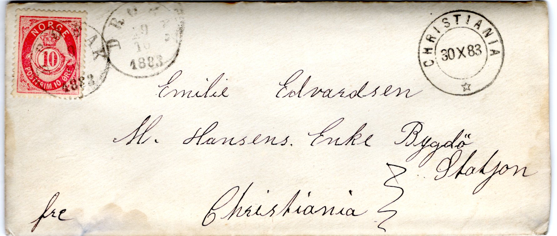 NK 37 I on Cover From Drøbak to Christiania October 29, 1883