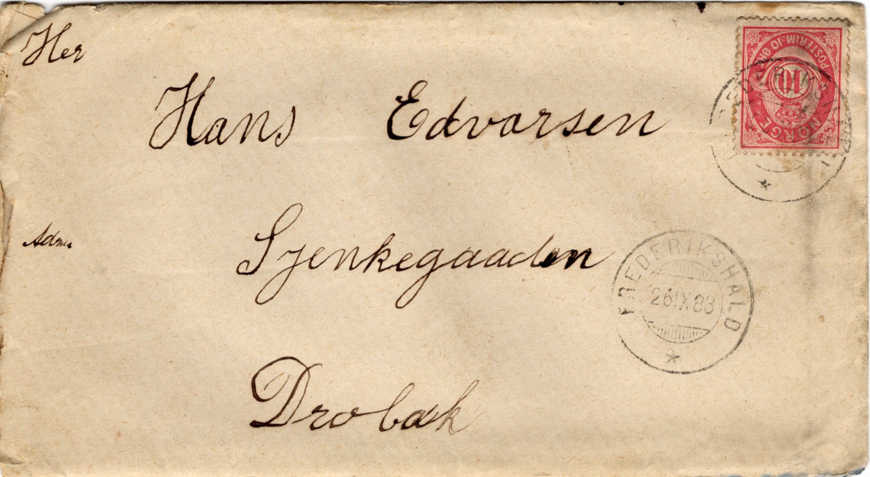 Norway NK 38 (Scott 40) on Cover from Fredrikshald to Drøbak 9-26-1883
