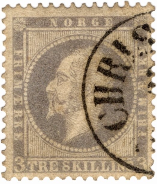 Norway NK3 (Scott 3) 3 Skilling King Oscar I, Lilac grey