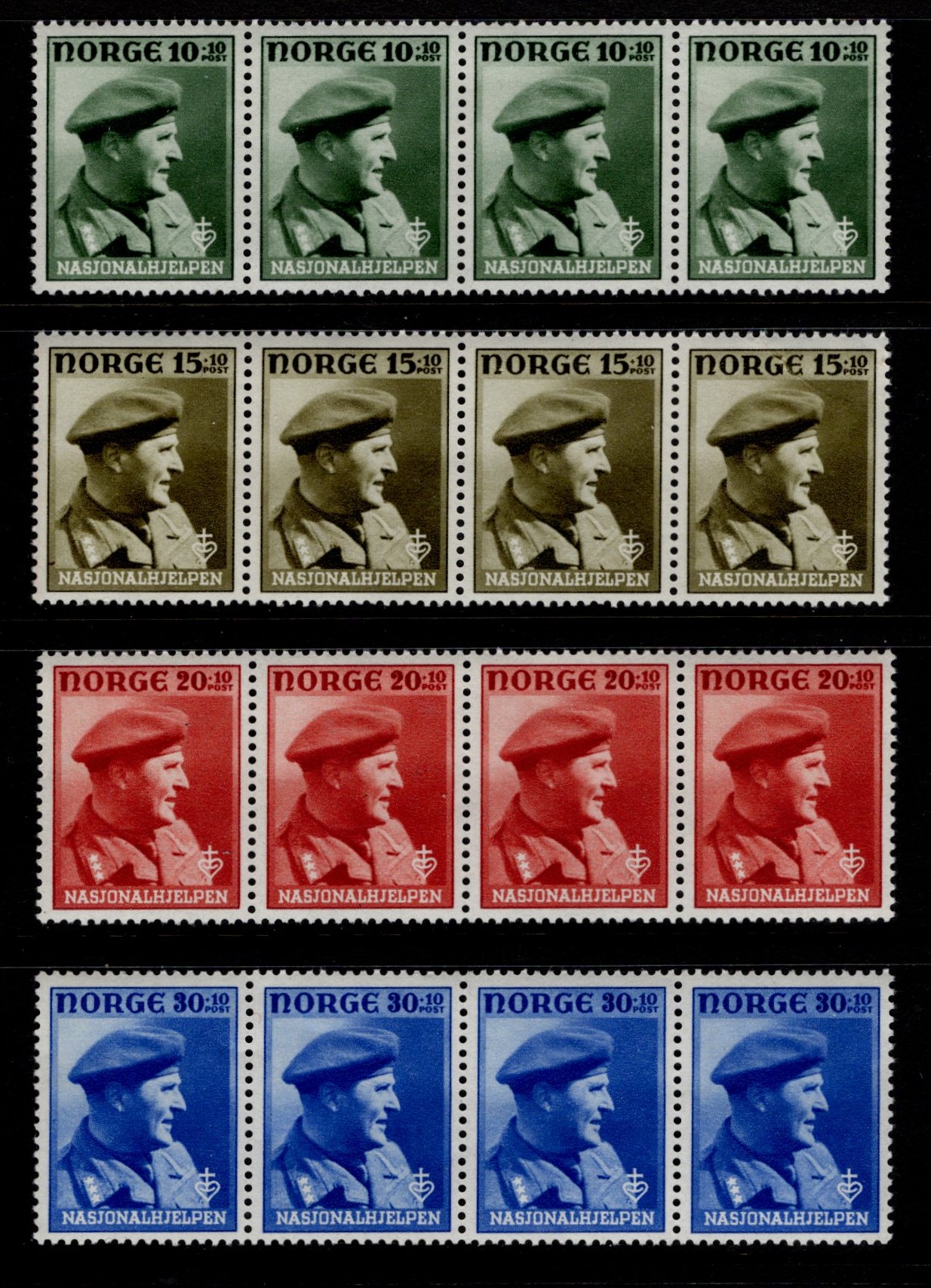 Four Strips MNH of 1946 Crown Prince Olav Series NK 345-348 (SN 326-329)