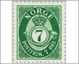Mint NK 241 Posthorn and Lion III (no wmk) 7 Øre Bright green