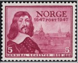 Mint NK 359 Hannibal Sehested (1609-66) founder Norwegian Post 5 Øre Red lilac