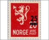 Mint NK 375 Lion type II- Surcharge 25 Øre Red