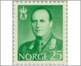Used NK 453   King Olav V 25 Øre Green