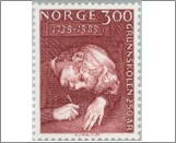 Used NK 1071   Public Primary Schools, 250th Anniv.:Child learning to write Dark brown red 3 Krone