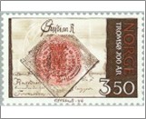 Used NK 1203   King Christian VII's signature and seal Tromsø 200 years 3.5 Krone Multicolor