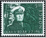 Used NK 937   King Olav V - 80th Birthday Black blue green 5 Krone