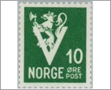 Mint NK 293 V- Overprint (no wmk) White V  10 Øre Blue green