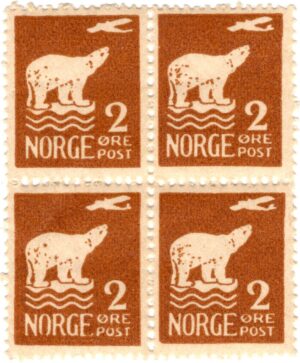Polar Bear and Aeroplane 2 Øre Brown Block of 4 Mint