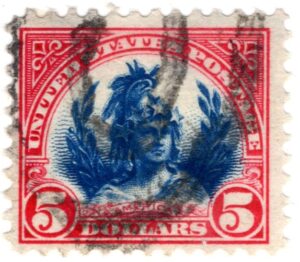 USA 1923 Used SC573 Statue of Freedom (1863), US Capitol, Washington, DC Blue,Carmine 5 Dollar 1923