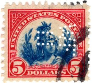 Statue of Freedom, US Capitol, Washington, DC Blue,Carmine 5 Dollar 1923 Perfin