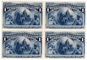 USA 1893 Mint Block of Four SC230 Columbus in Sight of Land Dark blue 1 Cent 1893