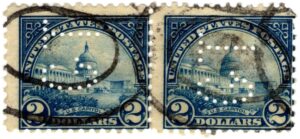USA 1923 Used Pair Perfin SC 572 United States Capitol (1793), Washington, D.C. Dark blue 2 Dollar 1923