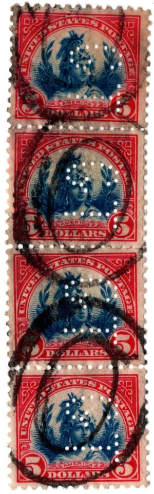 USA 1923 Used Strip of 4 Perfin SC 573 Statue of Freedom (1863), US Capitol, Washington, DC Blue,Carmine 5 Dollar 1923
