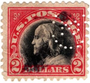 USA 1920 Used Stamp Perfin SC 547 Benjamin Franklin Black,Carmine 2 Dollar 1920