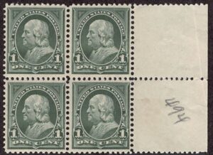 USA 1898 Mint Block SC 279 Benjamin Franklin Dark green 1 Cent 1898