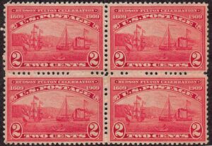 USA 1909 Mint Never Hinged Block SC 372 Henry Hudson's "Half Moon" and Fulton's Steamship "Clermont" Carmine 2 Cent 1909