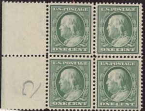 USA 1910 Mint Never Hinged Block SC 374 Benjamin Franklin Green 1 Cent 1910