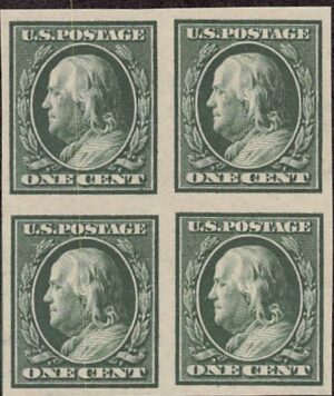 USA 1911 Mint Never Hinged Block SC 383 Benjamin Franklin Green 1 Cent 1911