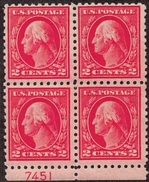 USA 1914 Mint Never Hinged Plateblock SC 425 George Washington Pink red 2 Cent 1914
