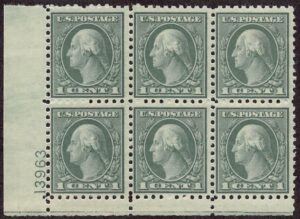 USA 1921 Mint Never Hinged Plateblock SC 543 George Washington Green 1 Cent 1921