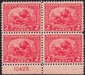 USA 1920 Mint Never Hinged Block SC 549 Landing of the Pilgrims (1620) Carmine 2 Cent 1920