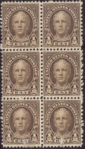 USA 1925 Mint Never Hinged Block SC 551 Nathan Hale (1755-1776), American Soldier and Spy Olive brown 0.5 Cent 1925