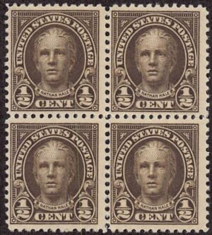 USA 1925 Mint Never Hinged Block SC 551 Nathan Hale (1755-1776), American Soldier and Spy Olive brown 0.5 Cent 1925