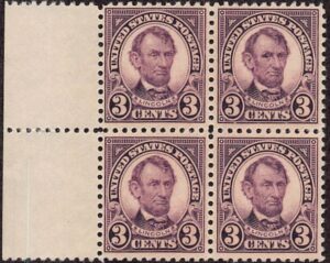 USA 1923 Mint Never Hinged Block SC 555 Abraham Lincoln Violet 3 Cent 1923