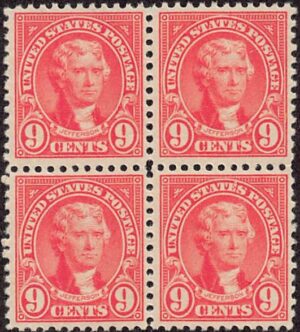 USA 1923 Mint Never Hinged Block SC 561 Thomas Jefferson Pink 9 Cent 1923