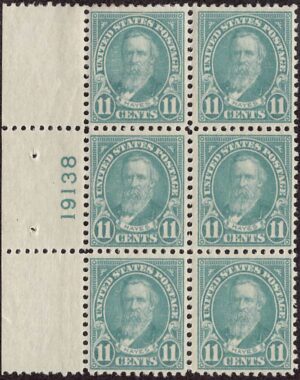 USA 1922 Mint Lightly Hinged Plateblock SC 563 Rutherford B. Hayes (1822-1893), 19th President of the USA Greenish blue 11 Cent 1922