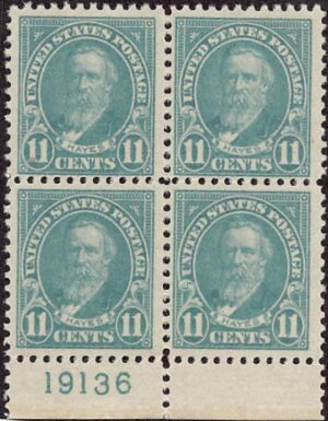 USA 1922 Mint Never Hinged Plateblock SC 563 Rutherford B. Hayes (1822-1893), 19th President of the USA Greenish blue 11 Cent 1922