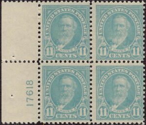USA 1922 Mint Never Hinged Plateblock SC 563 Rutherford B. Hayes (1822-1893), 19th President of the USA Greenish blue 11 Cent 1922