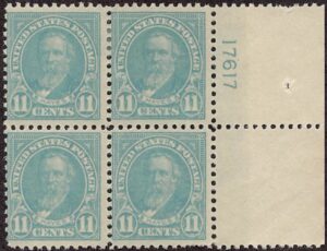USA 1922 Mint Lightly Hinged Block SC 563 Rutherford B. Hayes (1822-1893), 19th President of the USA Greenish blue 11 Cent 1922