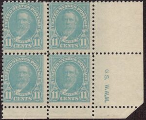 USA 1922 Mint Lightly Hinged Block SC 563 Rutherford B. Hayes (1822-1893), 19th President of the USA Greenish blue 11 Cent 1922