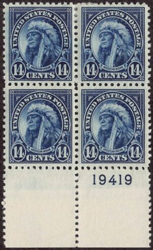 USA 1923 Mint Lightly Hinged Plateblock SC 565 American Indian Blue 14 Cent 1923