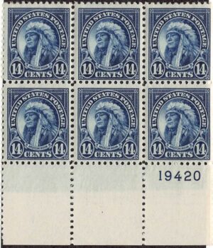 USA 1923 Mint Lightly Hinged Plateblock SC 565 American Indian Blue 14 Cent 1923