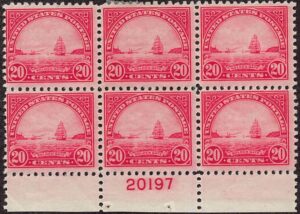 USA 1923 Mint Lightly Hinged Plateblock SC 567 Golden Gate, San Francisco Bay Carmine rose 20 Cent 1923