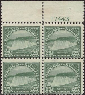 USA 1922 Mint Never Hinged Plateblock SC 568 Niagara Falls, New York Yellow green 25 Cent 1922
