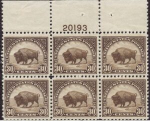 USA 1923 Mint Never Hinged Plateblock SC 569 Buffalo (Bison bison) Olive brown 30 Cent 1923