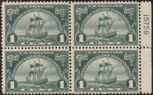USA 1924 Mint Lightly Hinged Block SC 614 Sailing Ship "New Netherland" Dark green 1 Cent 1924