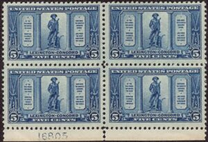 USA 1925 Mint Lightly Hinged Block SC 619 The Minute Man (1875),  statue by Daniel Chester French Dark blue 5 Cent 1925