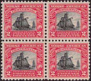 USA 1925 Mint Lightly Hinged Block SC 620 Sailboat Restaurationen (1801), built in Hardanger, Norway Black,Carmine 2 Cent 1925