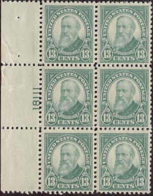 USA 1926 Mint Never Hinged Plateblock SC 622 Benjamin Harrison (1833-1901), 23rd President of the USA Green 13 Cent 1926