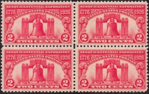 USA 1926 Mint Lightly Hinged Block SC 627 Liberty Bell (1752), Philadelphia, Pennsylvania Carmine rose 2 Cent 1926