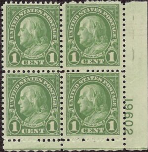 USA 1927 Mint Never Hinged Plateblock SC 632 Benjamin Franklin Green 1 Cent 1927