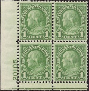 USA 1927 Mint Never Hinged Plateblock SC 632 Benjamin Franklin Green 1 Cent 1927