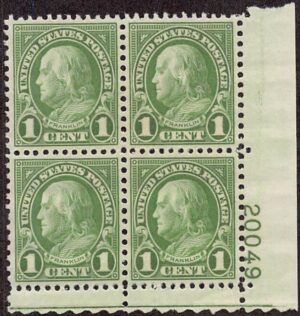 USA 1927 Mint Never Hinged Plateblock SC 632 Benjamin Franklin Green 1 Cent 1927