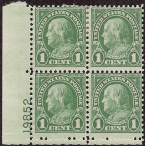 USA 1927 Mint Lightly Hinged Plateblock SC 632 Benjamin Franklin Green 1 Cent 1927